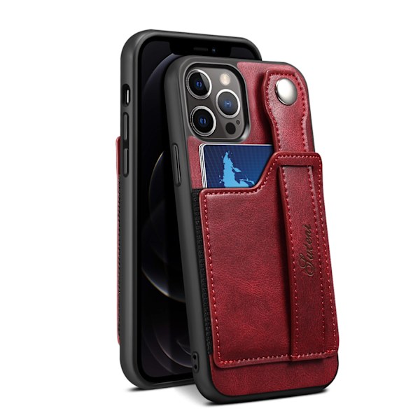 Fodral för iPhone 14 röd kortplats läder handledsrem baksida