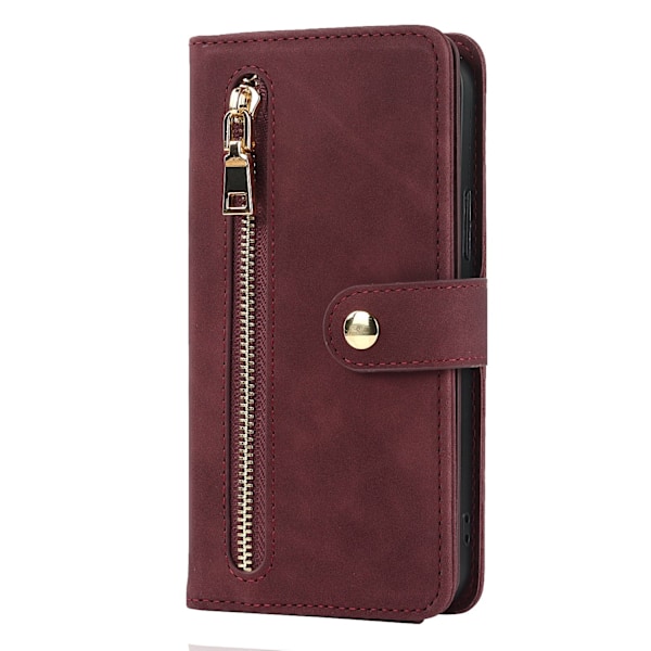 Etui til iPhone 15 Burgundy frontlomme lynlås pung læder
