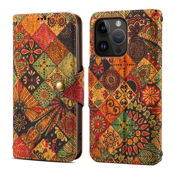 Etui til iPhone16PLUS Efterår læder flip kort print magnetisk pung
