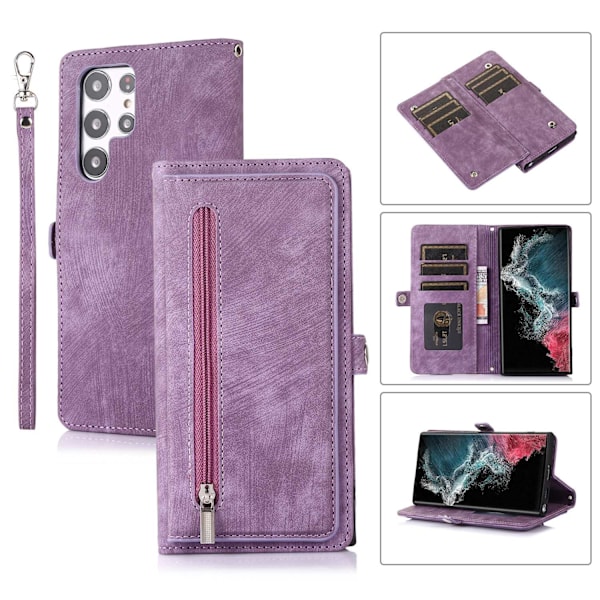 Fodral för iPhone15 lila armband dragkedja korthållare läder multi kortplånbok