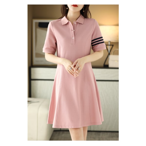 Polo Collar Solid Color A- line Skirt Cotton Comfortable Short Sleeve Mid-Length Sports Dress Pink M