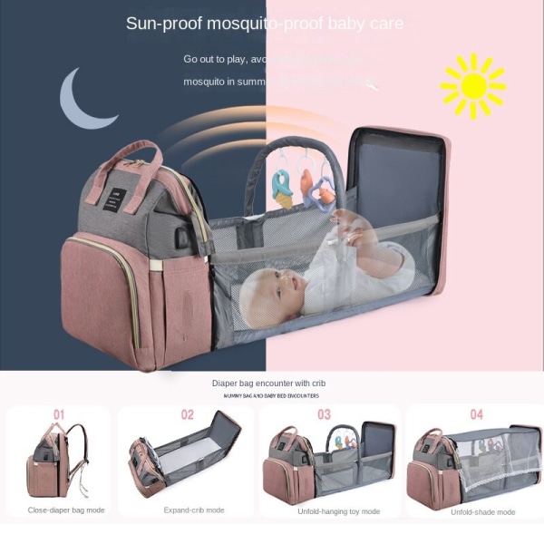 Pusletasker Mommy Bag Folderygsæk Stor Kapacitet Bærbar Baby Pink Gray