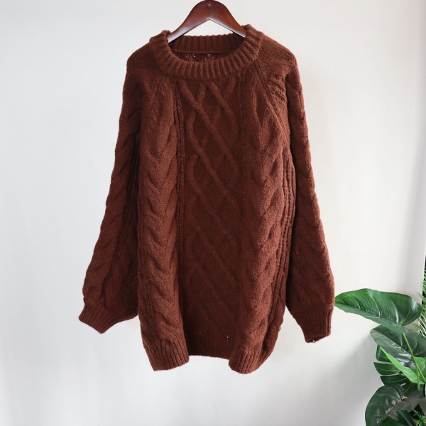 Kvinder strik efterår vinter sweater fortykket kraftig kabel-strik trøje løs retro stil top Coffee 68*120cm