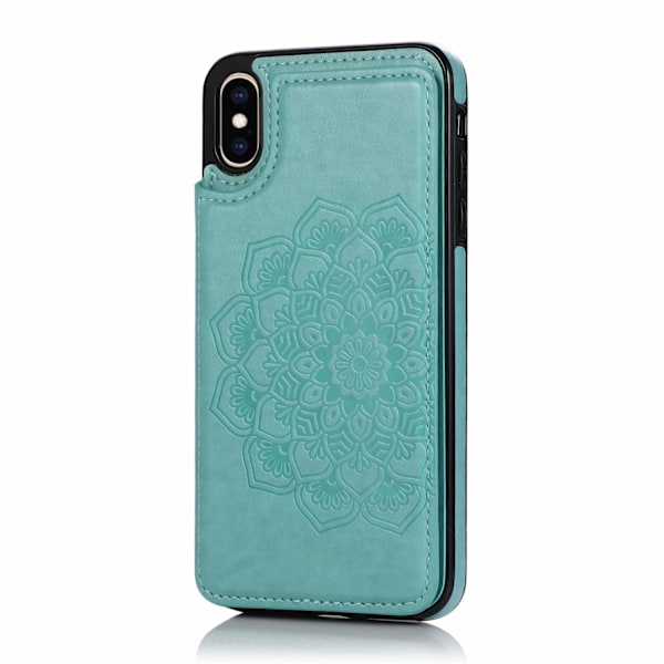 Etui til iPhone 15 Plus mintgrøn præget mandala dobbelt spænde kortholder pung