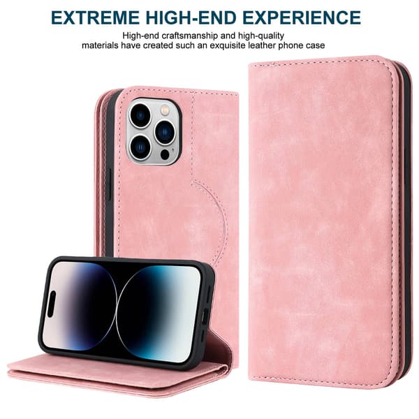 Fodral för iPhone 14 stöder trådlös laddning rosa läder multi kort magnetisk sug multi