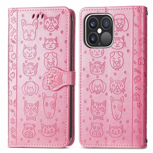 Kotelo iPhone 16PROMAX -puhelimelle, vaaleanpunainen kissa- ja koira-sarjakuvakuvio, nahkainen, läpällinen, korttipaikalla