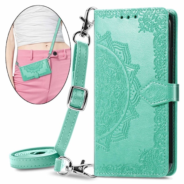 Kotelo iPhone 13 Prolle, vihreä japanilainen ja korealainen olkalaukku pitkällä kaulanauhalla, vyötärö crossbody