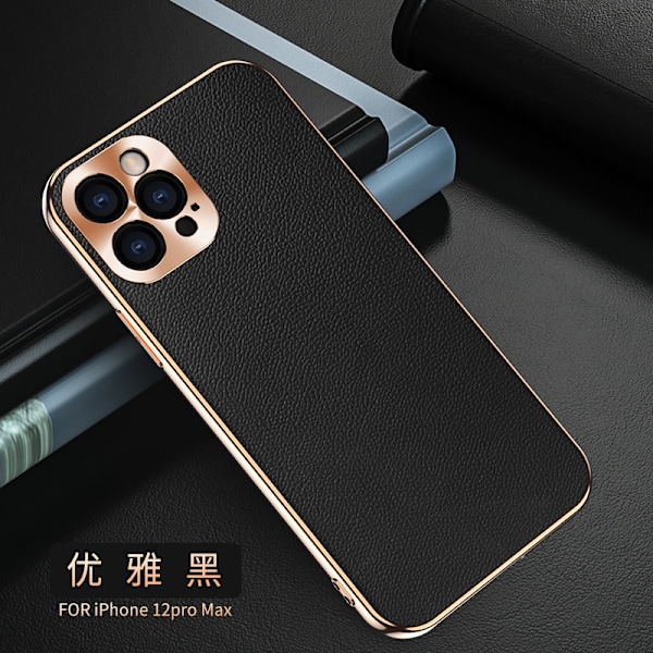 Etui til iPhone 13 Pro Elegant sort læder litchi mønster galvanisering blød kant anti fald