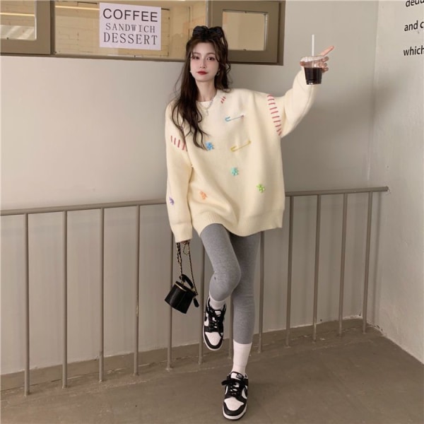 Naisten neuleet Syksyn talvipusero plus kokoinen korealaistyylinen löysä ja laiska tyylinen villapaita Apricot 2XL