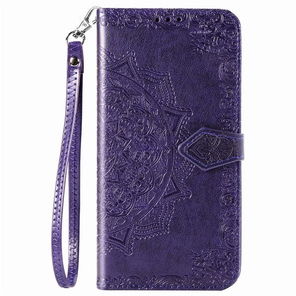 Etui til iPhone 13 Pro lilla mandala lær samme stil kort håndstropp preget