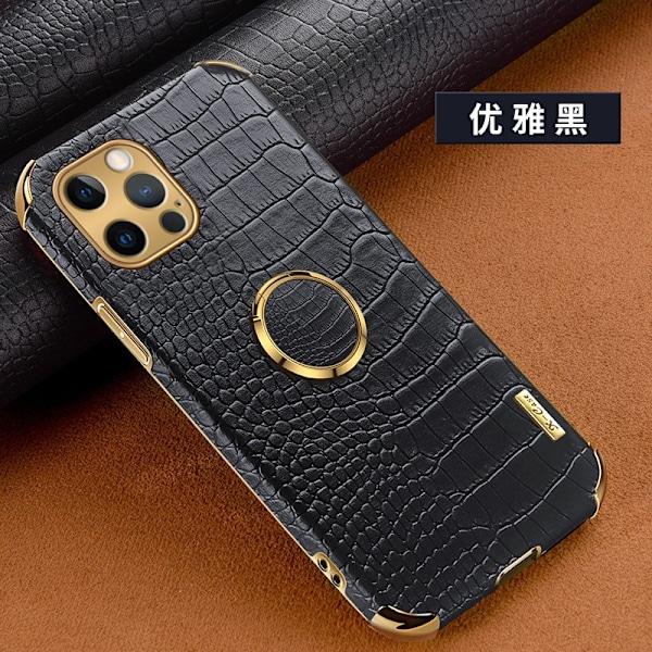 Fodral för iPhone 13 Pro svart [ringtyp] PU krokodilläder mjukt ringstativ komplett paket