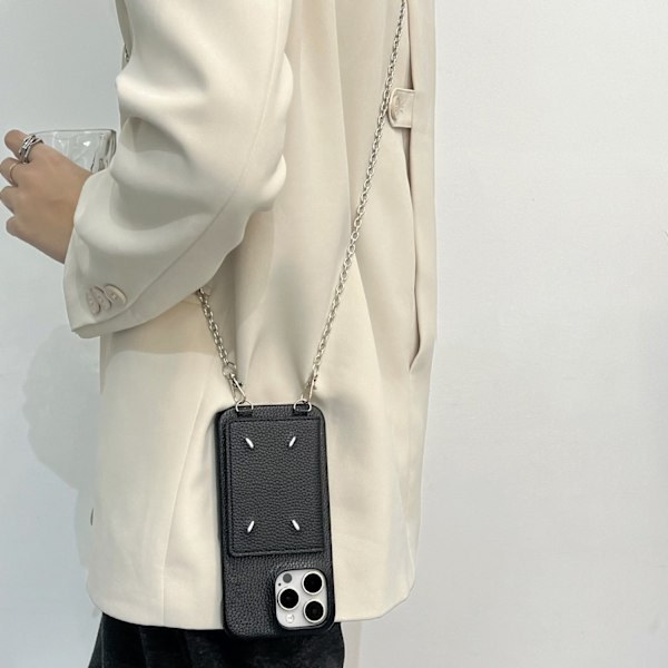 Etui til iPhone15promax 6,7 tommer sort kortslot flip sølv cirkelkæde crossbody justerbar