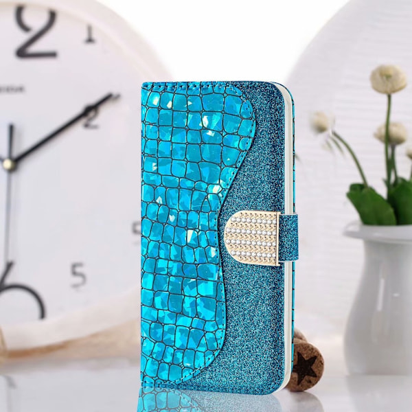 Fodral för iPhone 13 blå laser glitter krokodilmönster patchwork läder kortplats plånbok