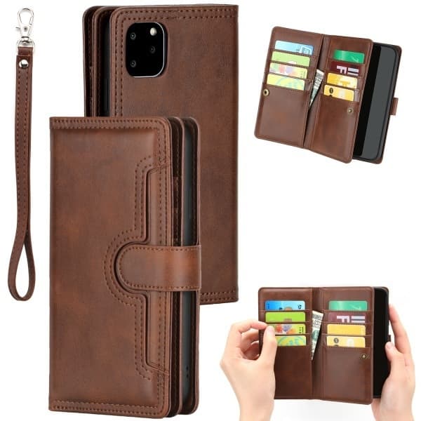 Fodral för iPhone 13 Pro Max mörkbrun retro multifunktion läder kortplånbok multi kort