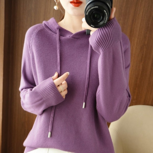 Strik til kvinder efterår vinter sweater hætte koreansk stil ensfarvet hættetrøje hættetrøje cardigan frakke Beige L
