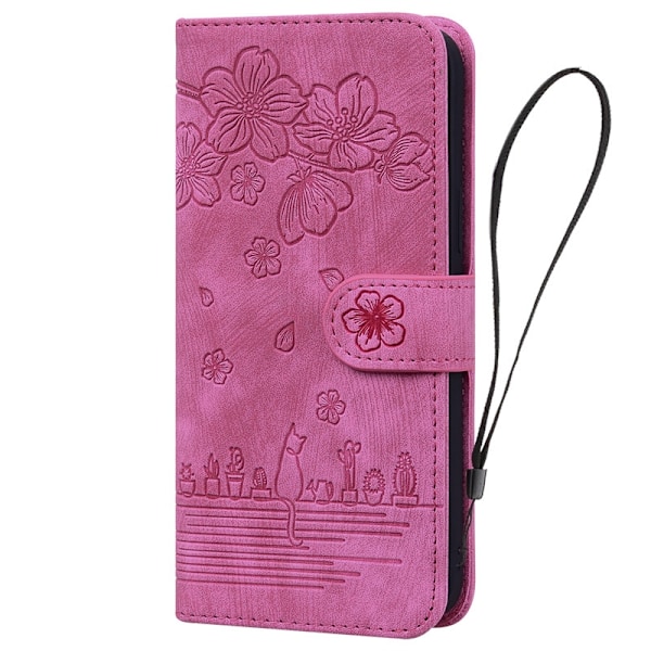 Fodral för iPhone15ProMax rosa körsbärsblom präglat läder flip kortplats magnetisk