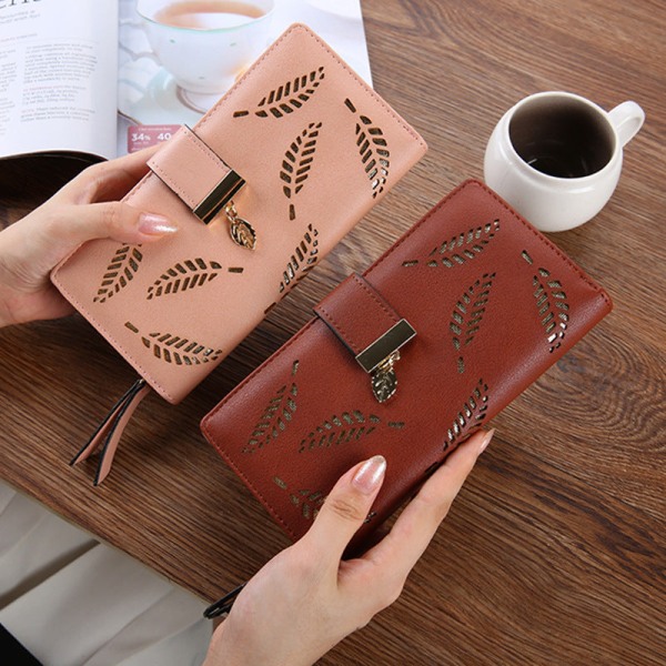 Kvinder pung møntpung Lange koreanske clutch blade hule PU læder clutch lynlås kortholder Brown