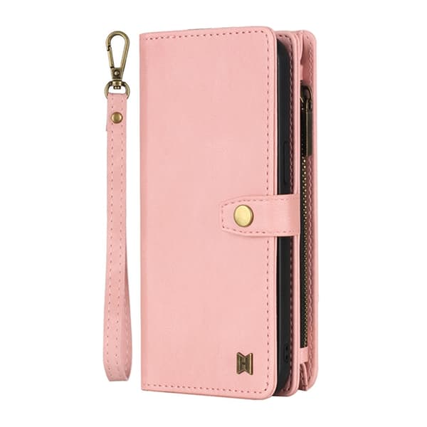 Fodral för iPhone 14 Pro rosa multifunktionell läderplånbok magnetisk sugpropp