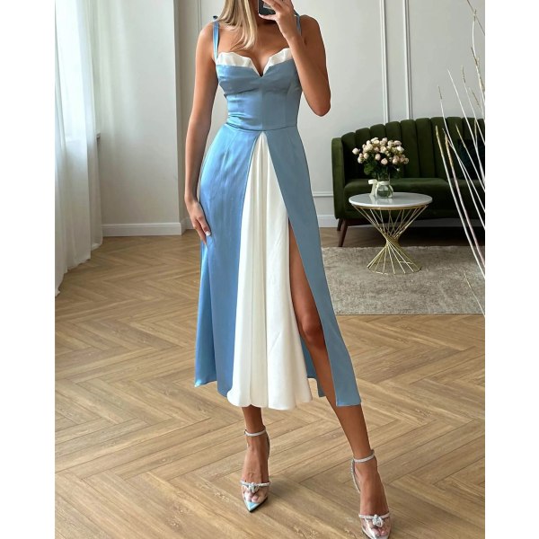 Snøre-kjole Sexet Tube Top Farve Matchende Kjole Højtalje Slids Suspender Dress Sky Blue M