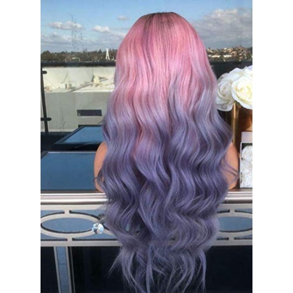 Kvinder paryk Lang Sort Pink Blå Gradient Langt krøllet hår Big Wave W25