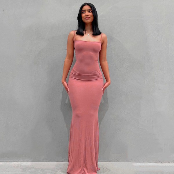 Dress Casual Slim Strap Home Long Dress Pink XL