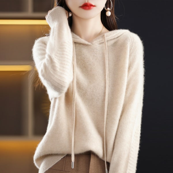 Kvinnor stickat höst vinter tröja huvtröja Lös mångsidig enfärgad topp Beige XL