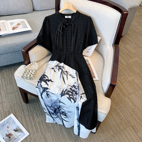 Cheongsam ung kortærmet kjole Black 7XL (260kg-300kg)