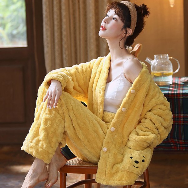 Flanell koreansk version af pyjamas kvindelig vinter tyk koralfløjl studerende søde bære hjemmetøj varmt jakkesæt yellow XL(120 kg -135 kg)