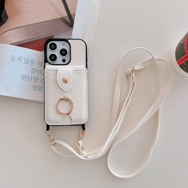 Fodral för iPhone15pro Vit Crossbody Multi kort Ring Solid Herr Helt Anti fall Läder