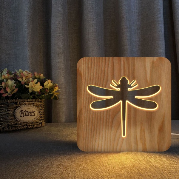 LED Wooden Carving Nattlys USB Power Dragonfly mønster T2299W