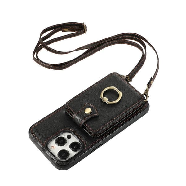 Etui til iPhone15PLUS sort kortholder crossbody stativ
