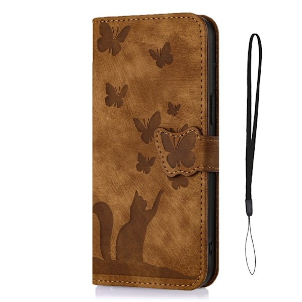 Fodral för iPhone16PRO Fjäril Katt Brun präglat läder flip kortplats