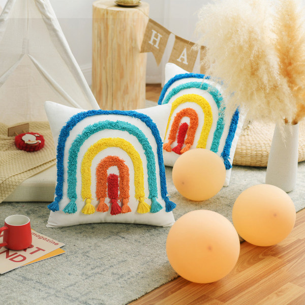 Bohemian Tufted Rainbow Cover, Broderi Tofs Hem Kast Örngott U-shaped 45*45