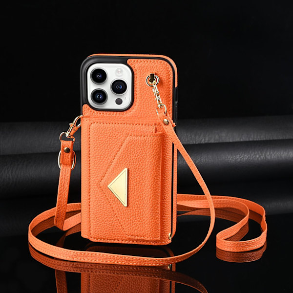 Kotelo iPhone 15PRO:lle, oranssi pitkä kaulanauha, haitarimallinen crossbody-korttipaikka