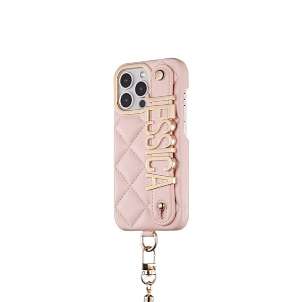 Etui til iPhone16Promax pink guld bogstaver europæisk og amerikansk let luksus læder diamantmønster