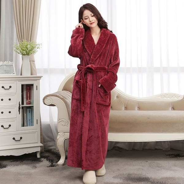 Plus Size flannel par badekåbe kvinders forlænget tyk koral fløjl sovekjole mænds vinter wine red-female M