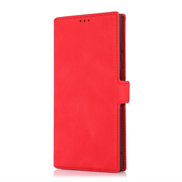 Etui til iPhone 14 Pro, lys rød side-spenne, retro skinnside, solid farge