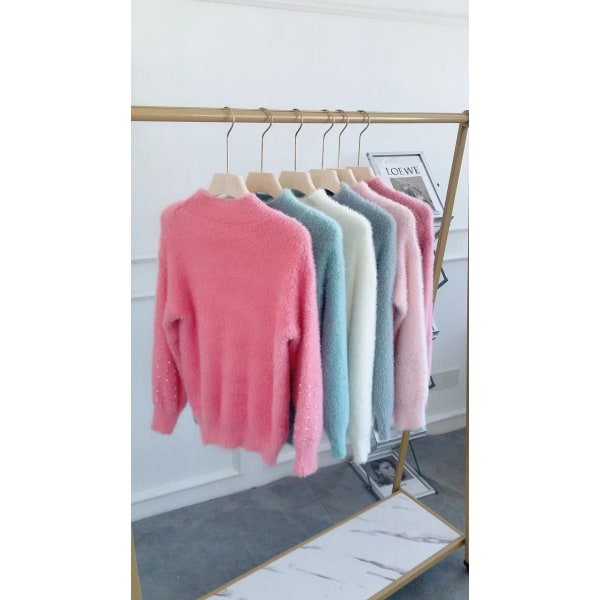 Kvinder Strik Efterår Vinter Sweater Heavy Industry Beads Mink Velvet Coat fortykket base Pink color M