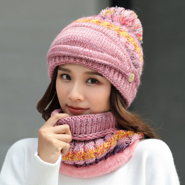 Varm vinterstrikk lue lue ulllue dame høst og vinter koreansk stil utendørs maske skjerf unisex Pink M