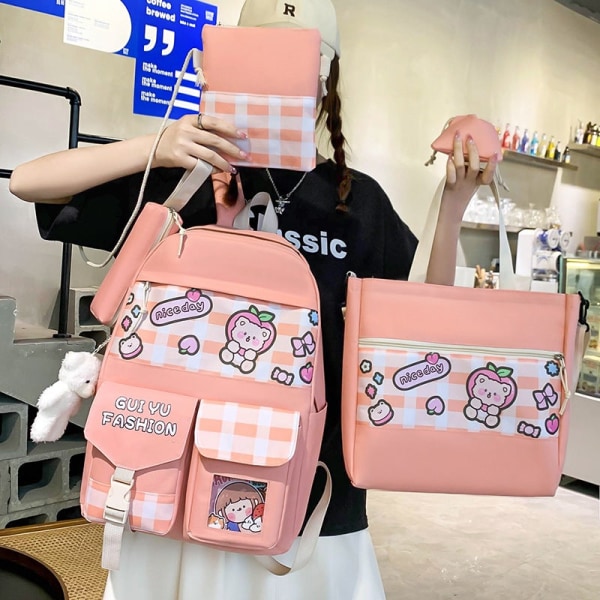 Kvinder pige rygsæk skuldertaske skoletaske Student Checked Korean Casual Canvas Middle School Computer med stor kapacitet Pink