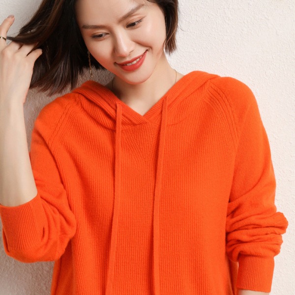 Damstickad Höst Vintertröja Enfärgad Stickad Huvtröja Luvtröja Lazy Coat Emma Orange 106*61*66cm