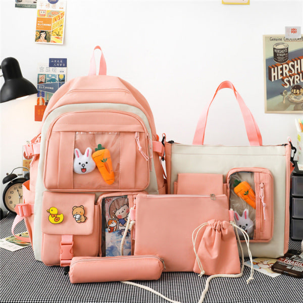 Kouluopiskelijareppu College Bookbag Matkalaukku Neliosainen Set Kevyt ja suuri kapasiteetti Pink