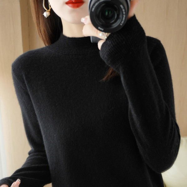 Kvinder Strik Efterår Vinter Sweater Halv rullekrave Indvendig løstsiddende ensfarvede lange ærmer Black L