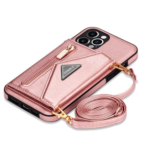 Fodral för iPhone 14 sidokortshållare rep roséguld skyddande läder solid axel ro