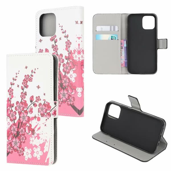 Fodral för iPhone 13 Pro Max plommonblom målat läder kortplats plånbok tryck