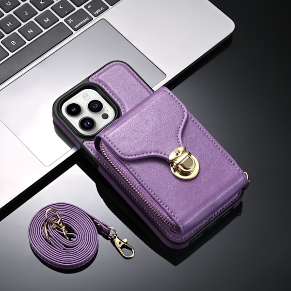 Fodral för iPhone 14 lila sidoklistermärke snodd dragkedja kortplats crossbody