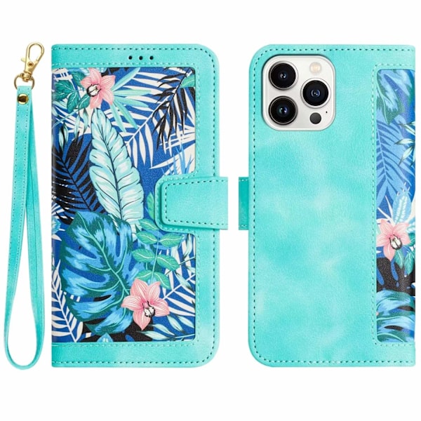 Fodral för iPhone15Plus grön kort snodd tryckt läder flip kort crossbody blomma