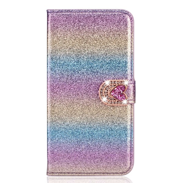 Kotelo iPhone 13 Prolle, värikäs punainen violetti glitter rakkaustarra timantti nahkainen korttipaikka lompakko rhi
