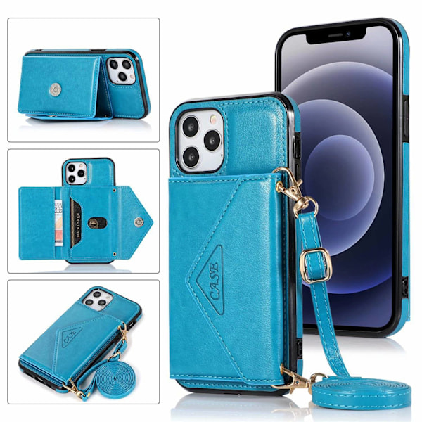 Kotelo iPhone 13 Pro:lle, sininen kolmio, crossbody-korttipaikka, kaulanauha, kirjekuori, nahkalompakko