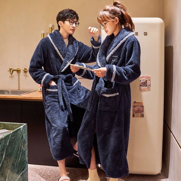 Kåbe til kvinder vinter lang koral fløjl badekåbe plus fløjls polstret par flannel herre pyjamas dark blue Male M